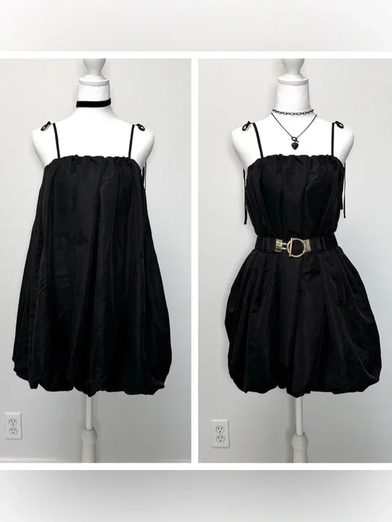Black Taffeta Bubble Hem Mini Dress NWT M Minimalist LBD Whimsygoth Formal - Picture 4 of 7